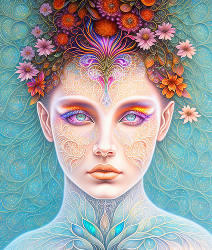 Colorful digital artwork featuring tranquil face with floral elements and intricate patterns