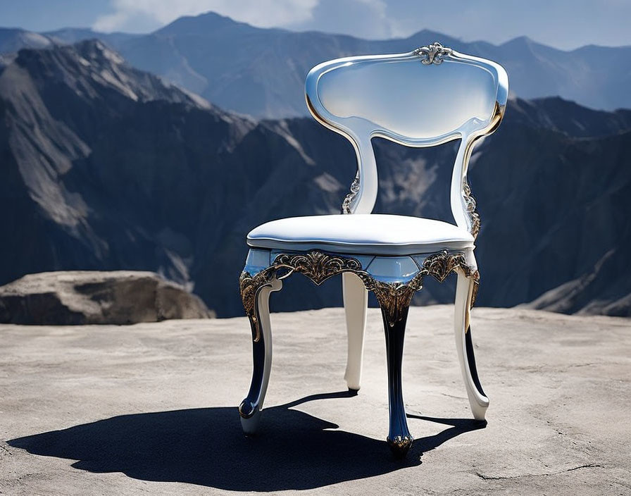 White chair with silver accents on rocky terrain against mountain backdrop