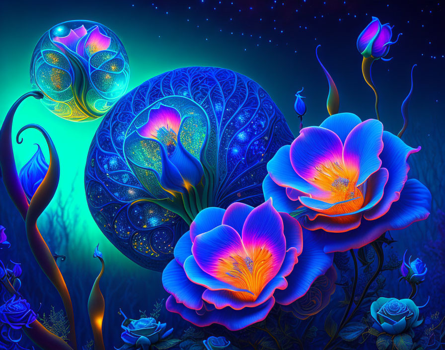 Neon blue and purple glowing flowers on dark blue background