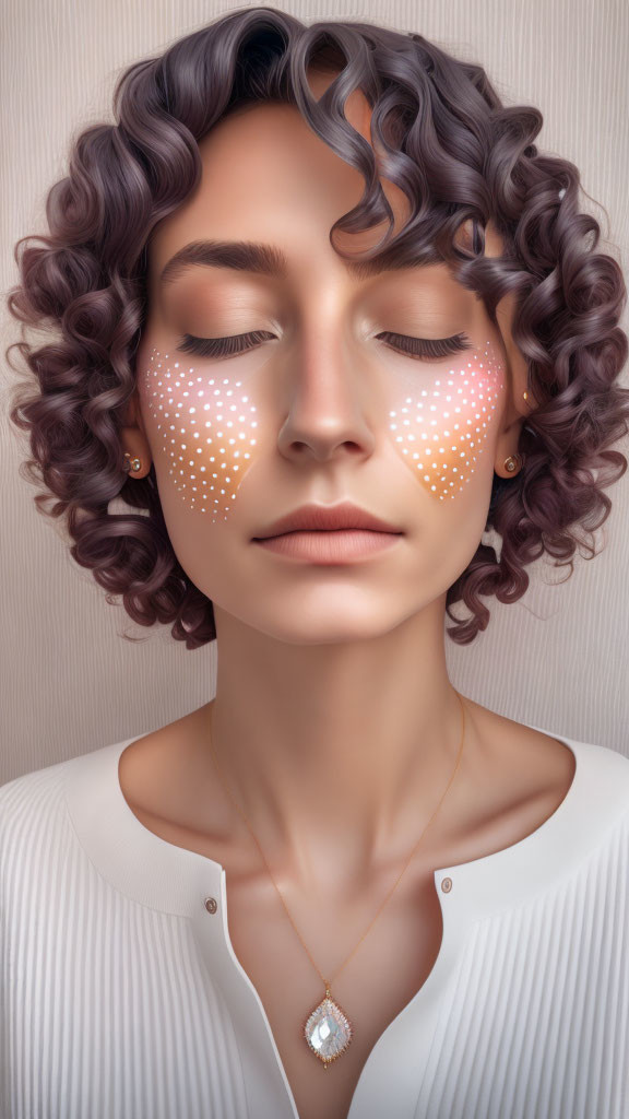 Curly-haired woman with artistic makeup and pendant necklace in white top