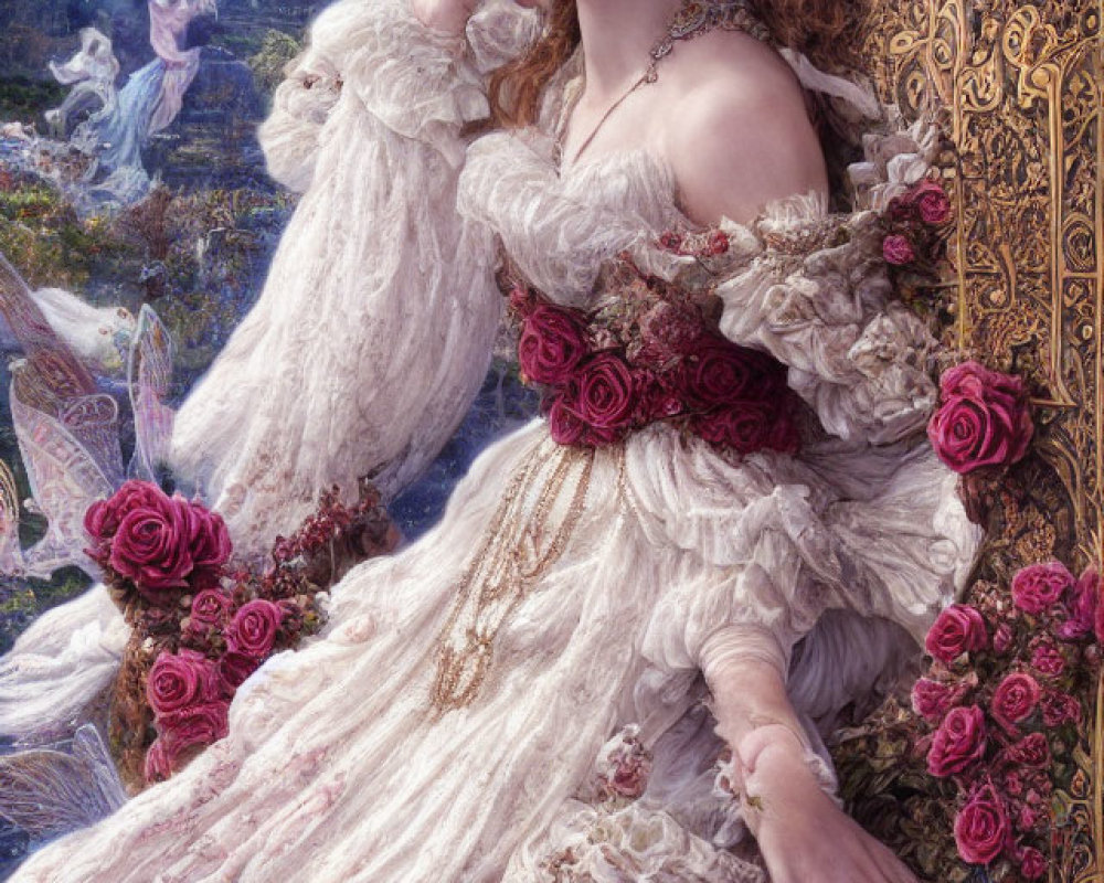 Woman in ornate white dress with red roses in surreal setting.