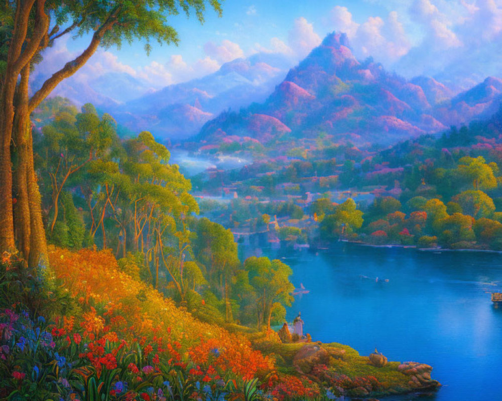 Tranquil landscape with vibrant flowers, serene lake, boats, and distant mountains