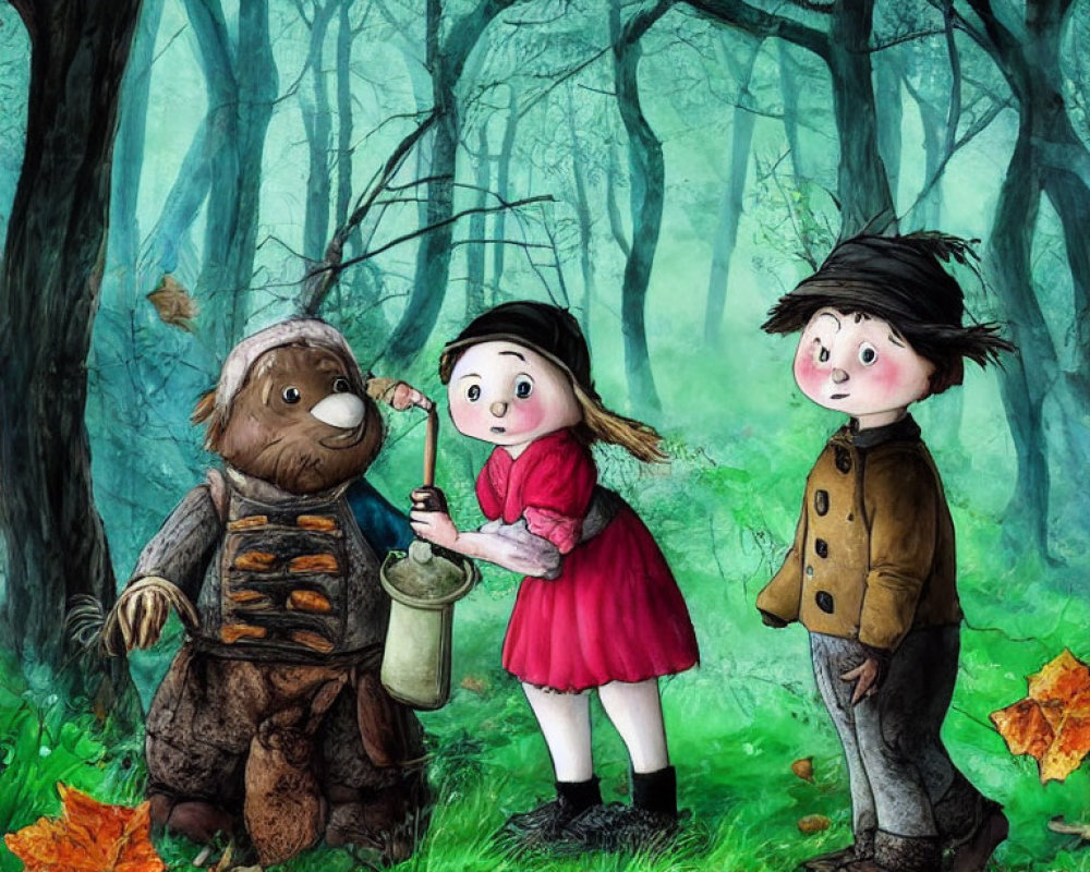 Whimsical forest scene with girl, bear-like creature, and boy in cap