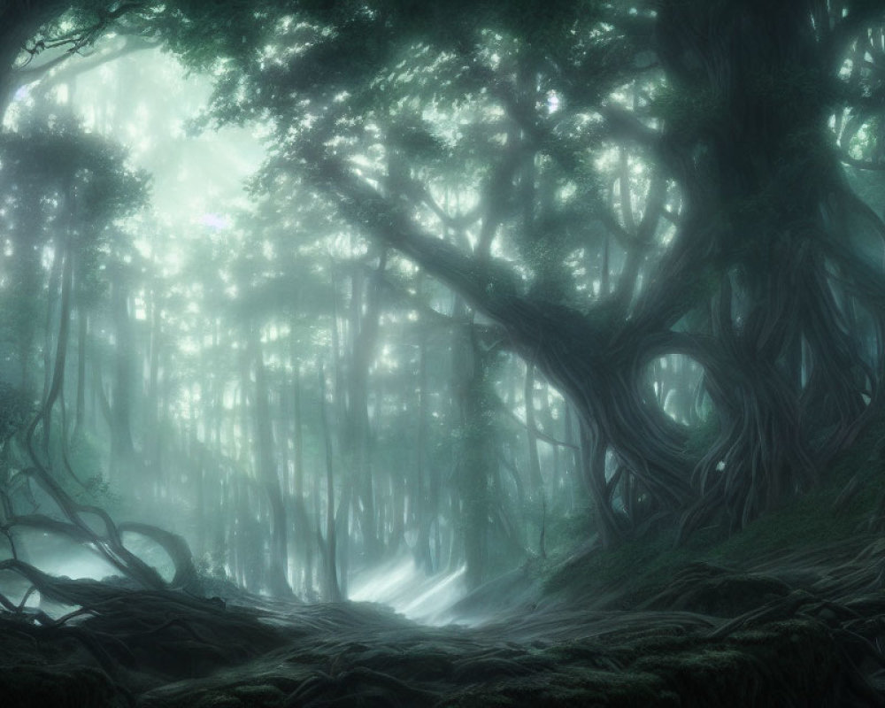 Enchanting forest scene: dense trees, entwined roots, ethereal light rays.