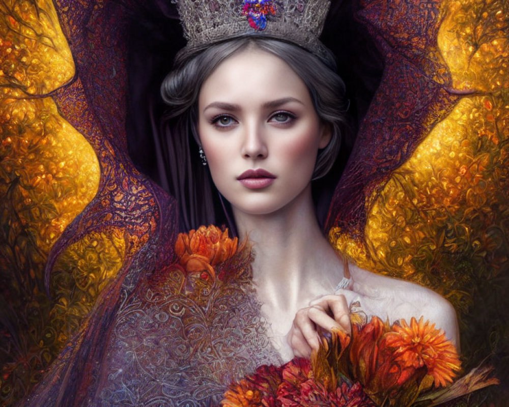 Regal woman with crown and ornate cape surrounded by golden foliage and holding flowers