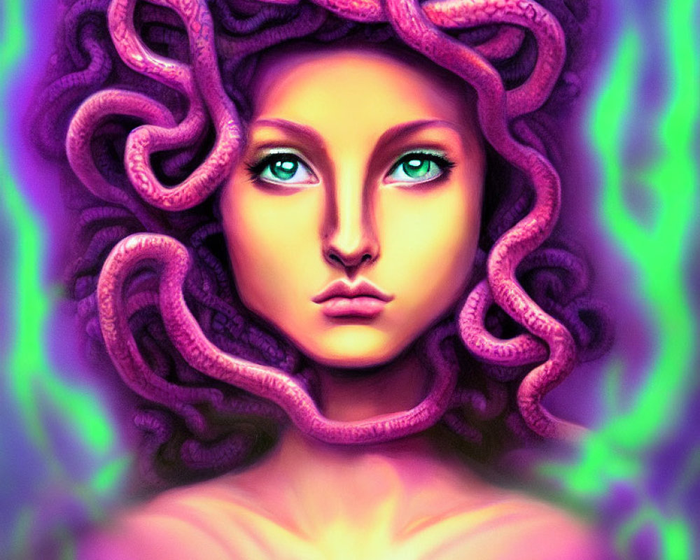 Illustration of woman with serpentine hair and green eyes