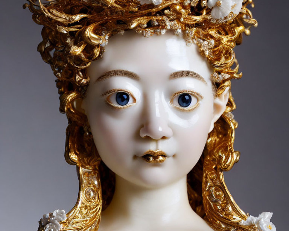 Porcelain bust with intricate golden hair and blue eyes