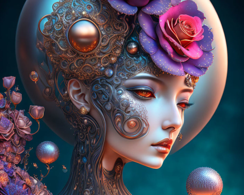 Surreal portrait of female figure with metallic adornments, roses, and spheres