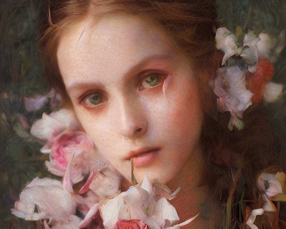 Portrait of young individual with green eyes among pink and white flowers