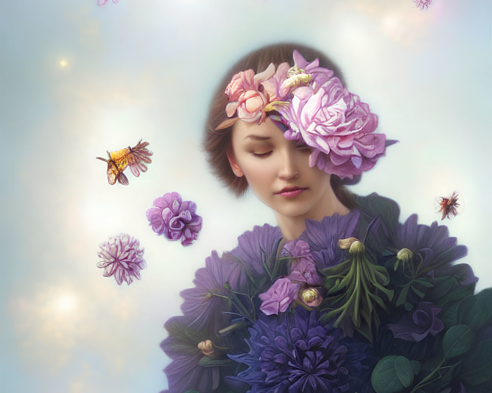 Illustration of person with closed eyes and floral crown in serene ambiance.