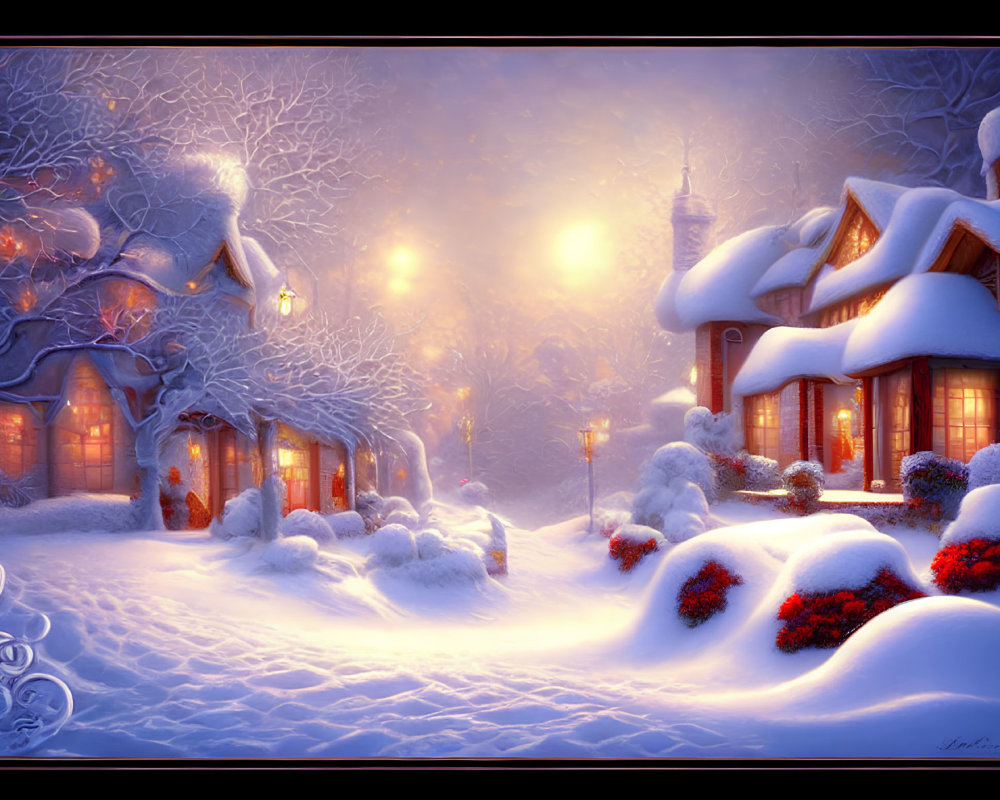 Snow-covered houses and lanterns in a whimsical winter scene