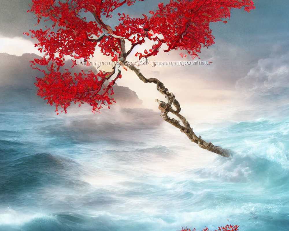 Red tree leaning over stormy ocean waves under dramatic sky