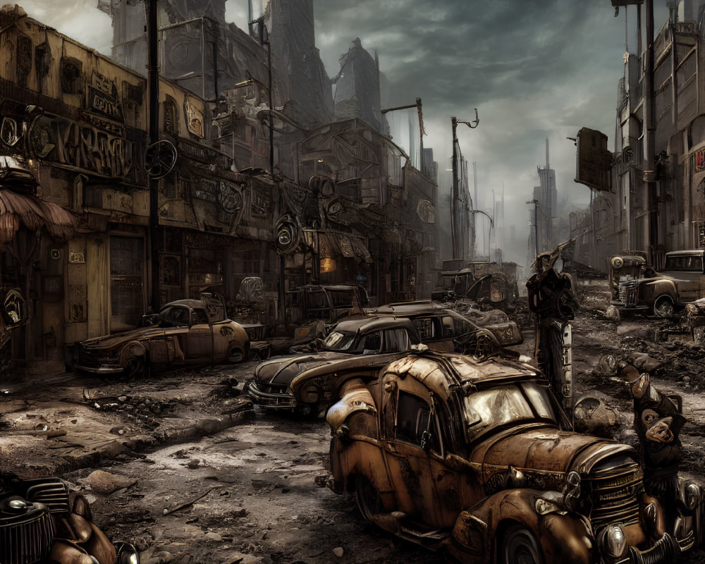 Desolate dystopian cityscape with abandoned cars and decaying buildings