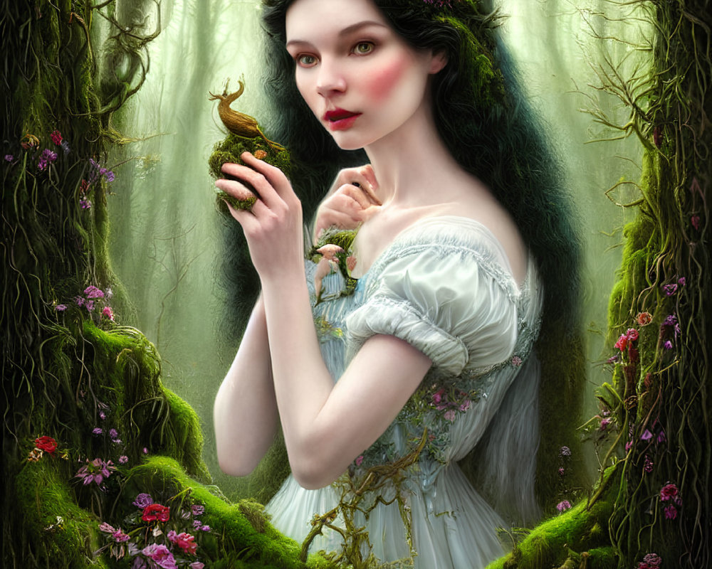 Woman in white dress with floral crown holding bird in mystical forest setting