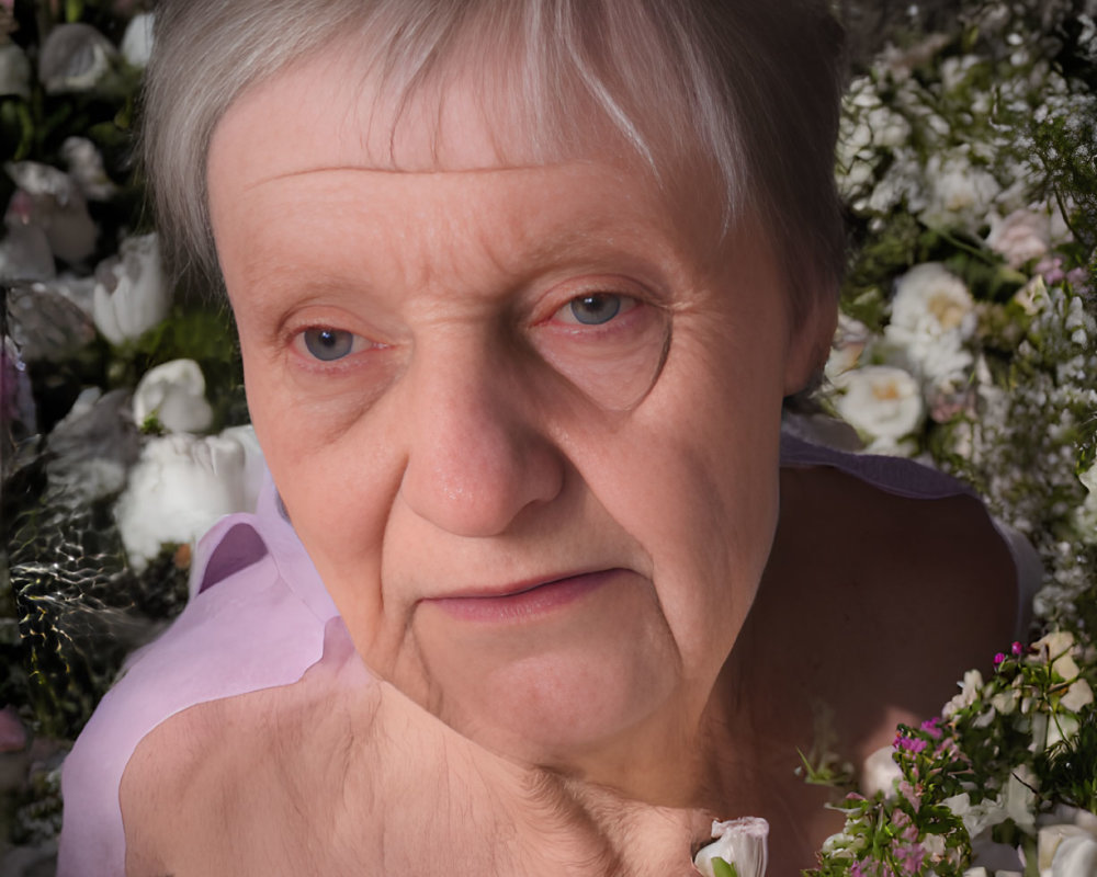 Elderly Woman with Short Grey Hair Surrounded by Pink and White Flowers