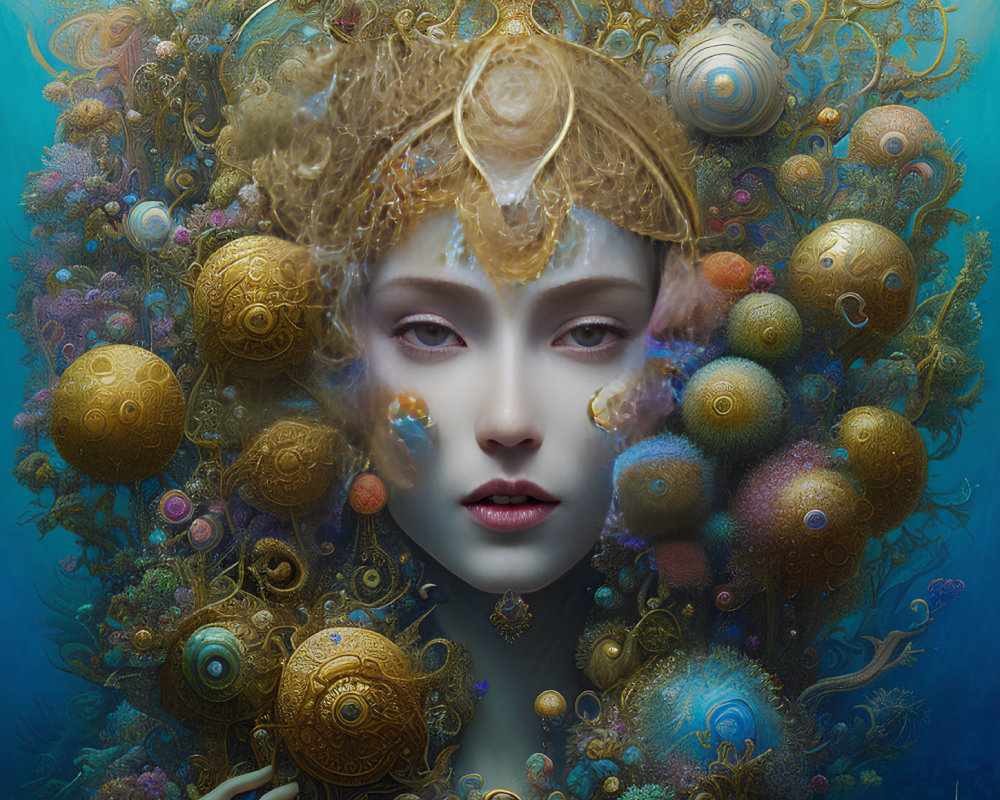 Vibrant surreal portrait with golden headpieces and marine elements