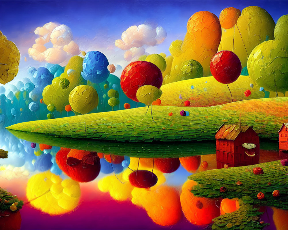 Colorful surreal landscape with balloon-like trees and whimsical houses