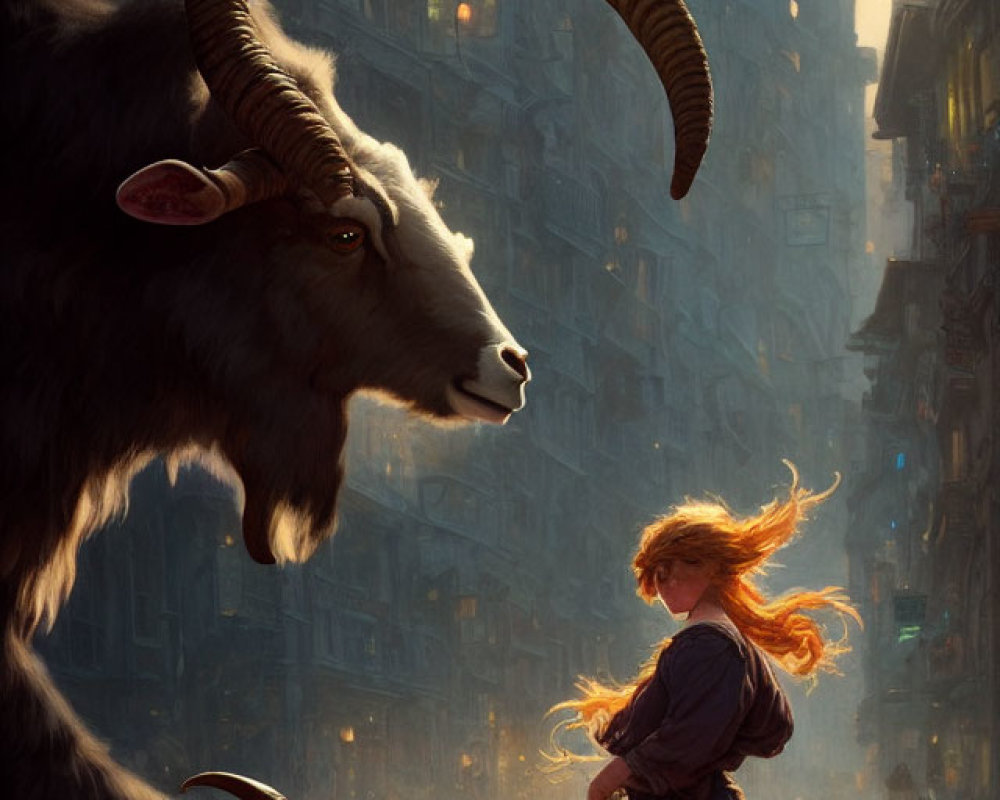 Medieval street scene with young girl and large goat under ethereal light