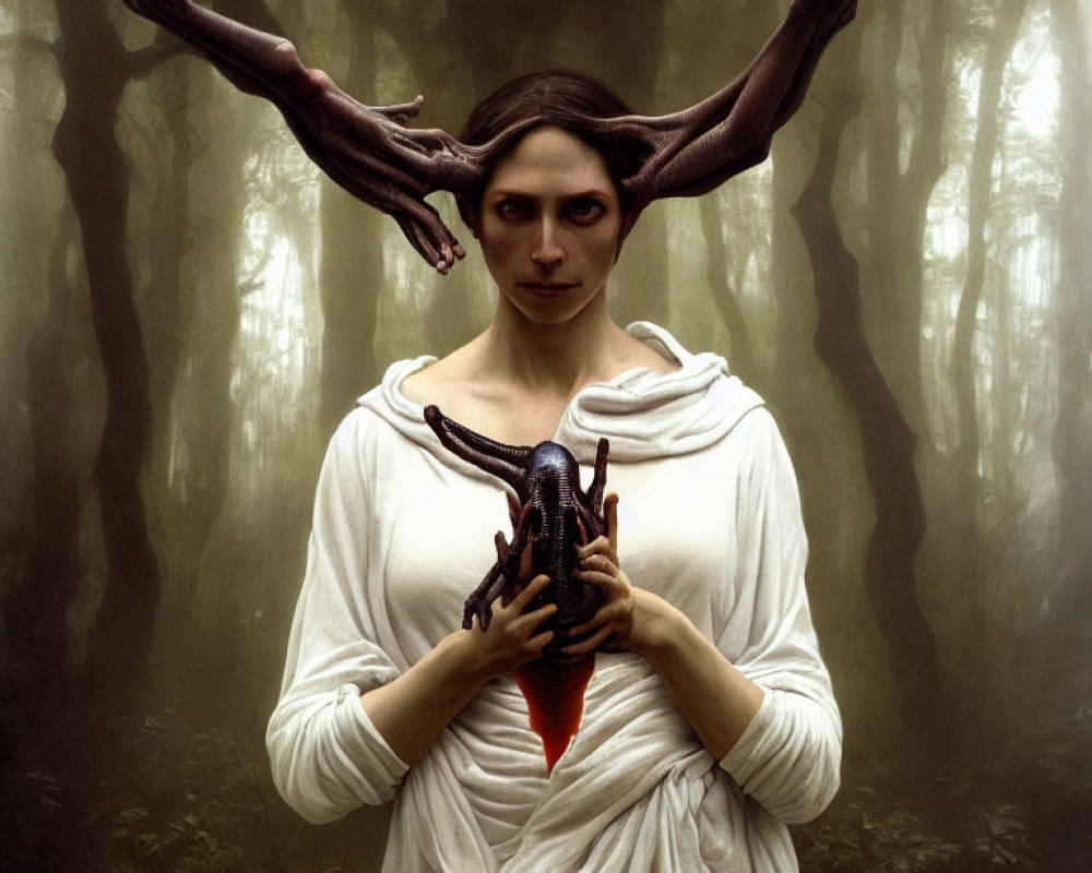 Woman with Antlers Holding Dark Heart in Misty Forest