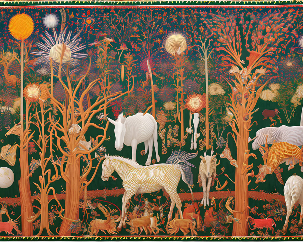 Colorful tapestry featuring stylized flora, fauna, and white horses in a lush garden landscape.