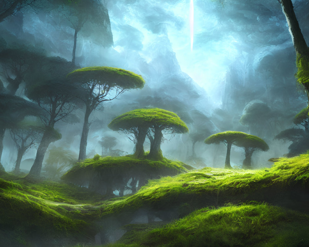 Moss-covered forest with flat-topped trees in celestial light