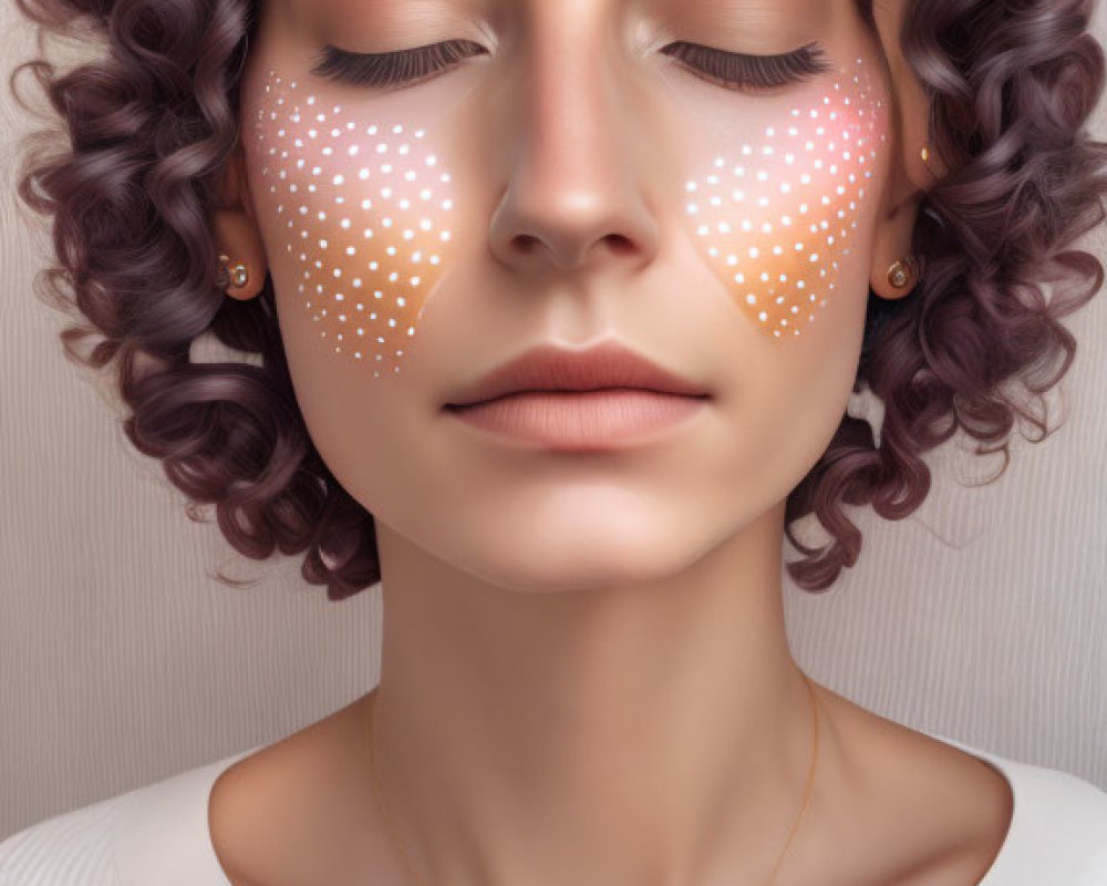 Curly-haired woman with artistic makeup and pendant necklace in white top