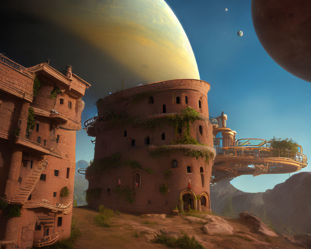 Large Planet Over Fantasy Landscape with Traditional Buildings and Futuristic Bridge