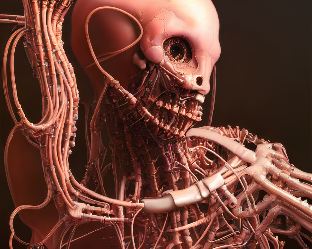 Stylized humanoid skull with intricate mechanical details in 3D rendering