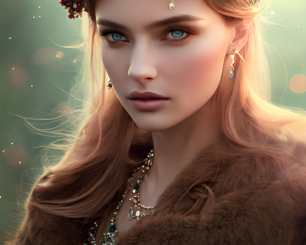 Woman with floral headpiece, glowing skin, blue eyes, fur shawl, elegant jewelry, dream