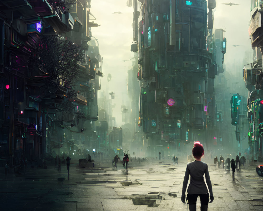 Pink-haired person in futuristic cityscape with neon signs