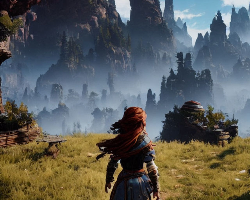 Red-Haired Character in Misty Rocky Landscape with Towering Formations