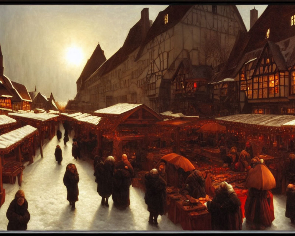 Snow-covered dusk market scene with stalls, people in winter attire, and traditional buildings.