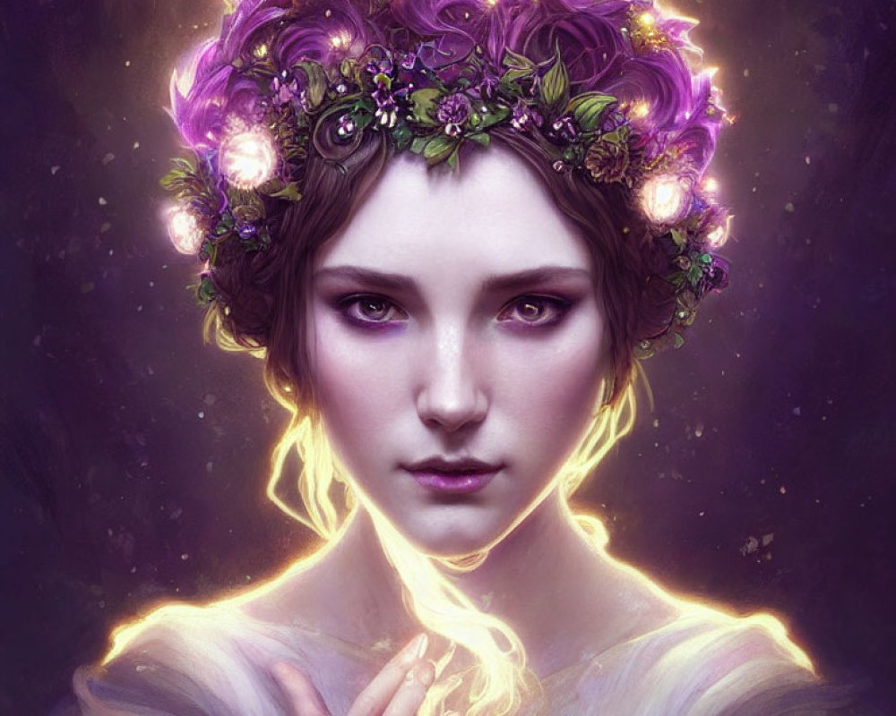 Digital Artwork of Woman with Glowing Outlines and Purple Flower Crown