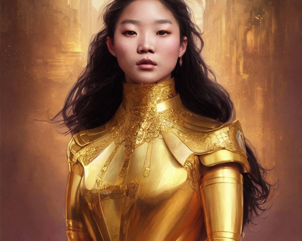 Digital Portrait of Woman in Ornate Golden Armor on Warm Background