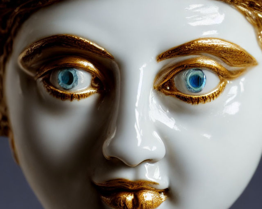 Porcelain figurine with golden lip, eye, and hair details on grey background