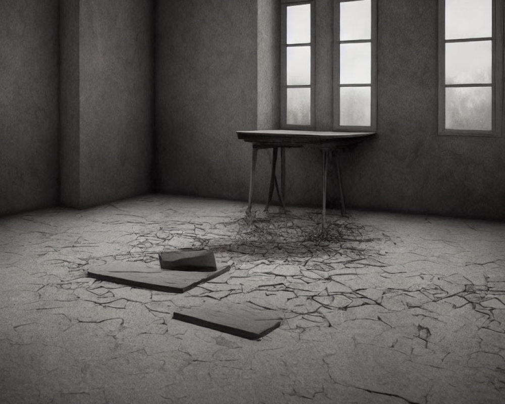 Empty room with cracked floors, table, and large windows