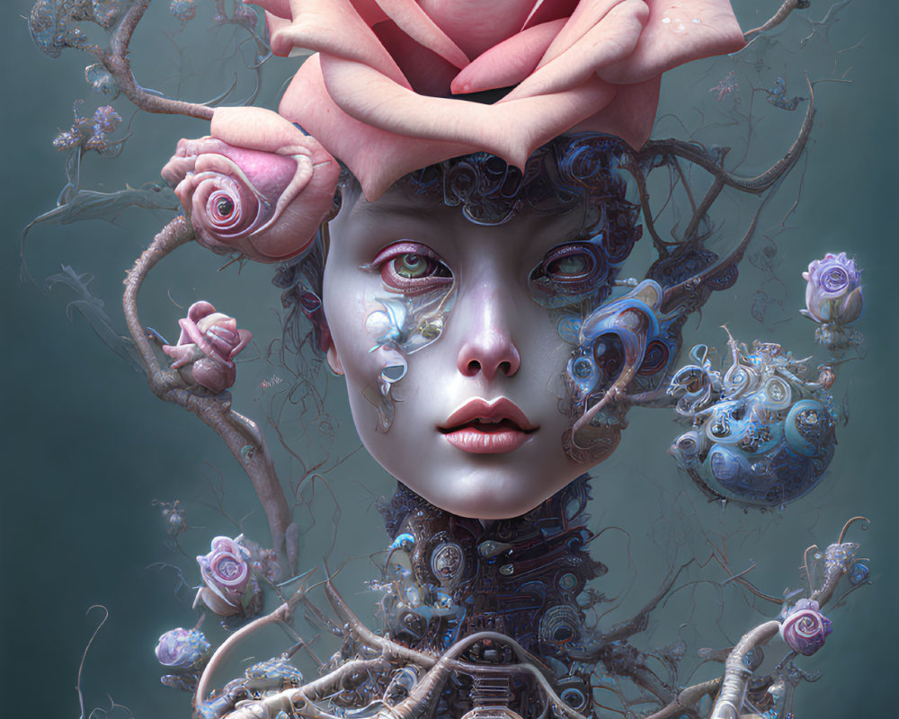 Surreal digital art: Female figure with mechanical features, surrounded by intricate flora and machinery