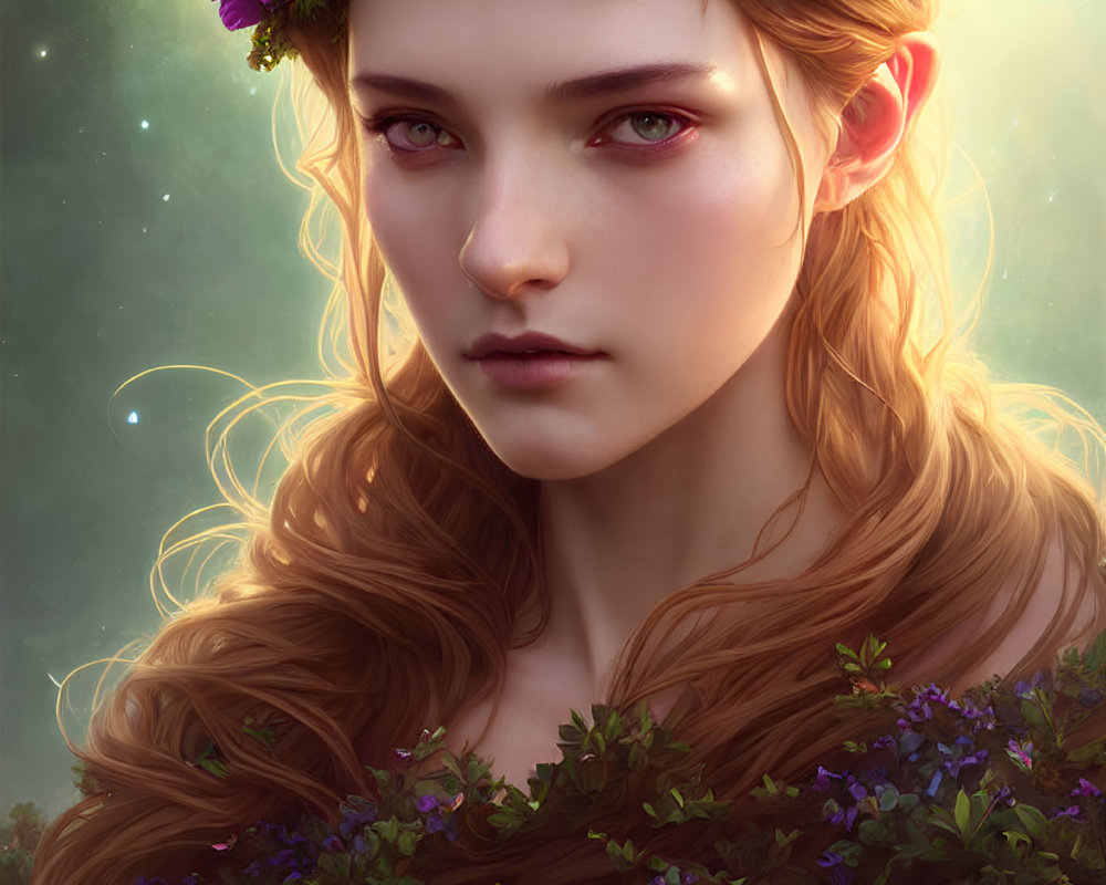 Fantasy portrait of woman with pointed ears and floral crown