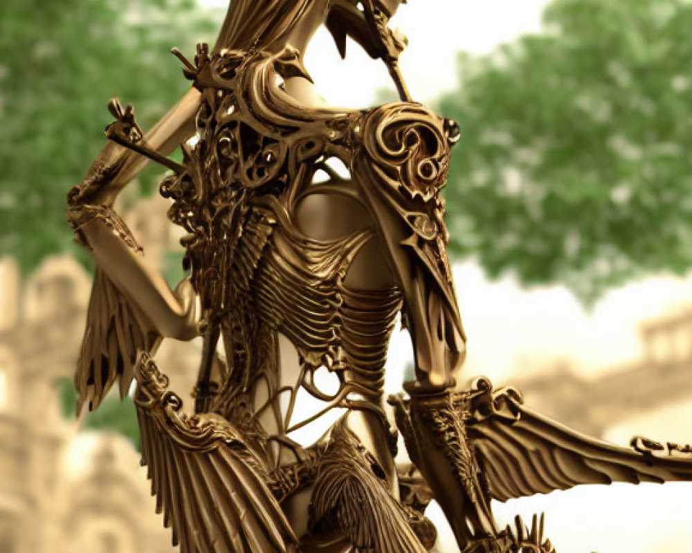 Sepia-Toned Steampunk Humanoid Sculpture with Gears and Mechanical Details