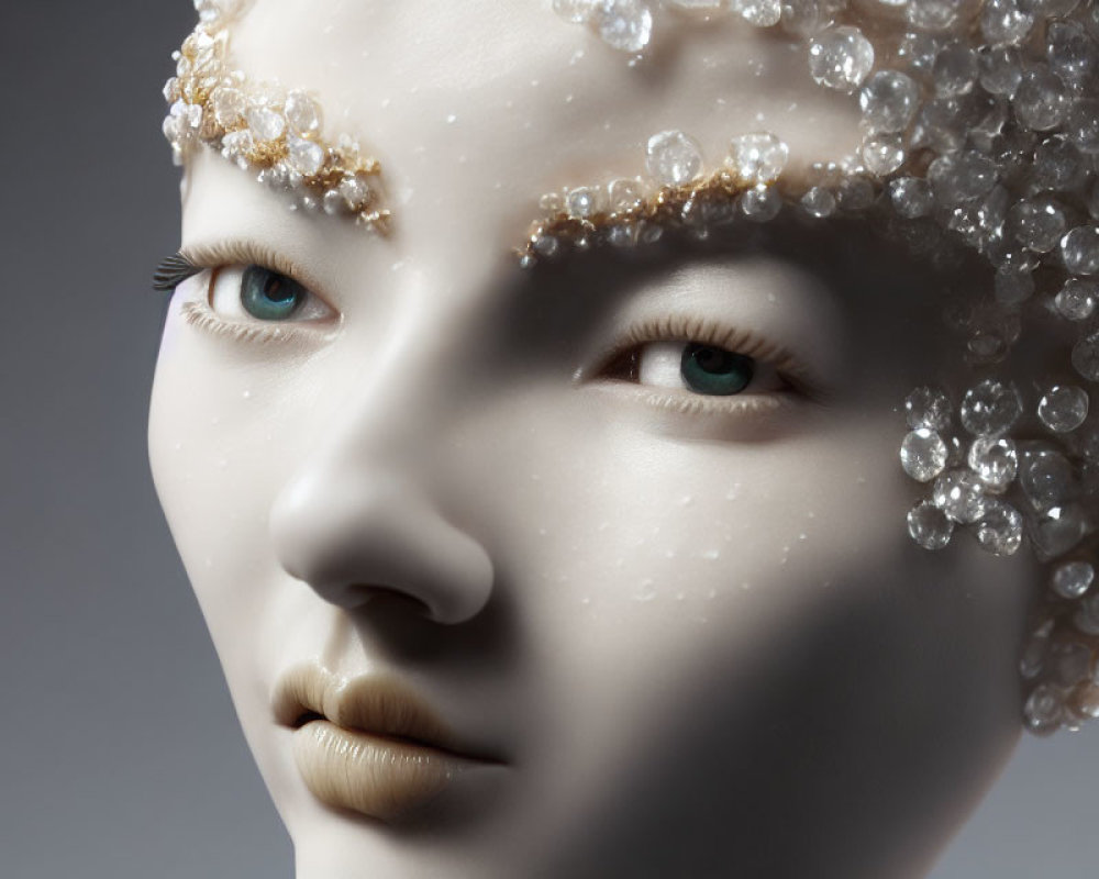 Mannequin head adorned with clear and golden beads and striking blue eyes