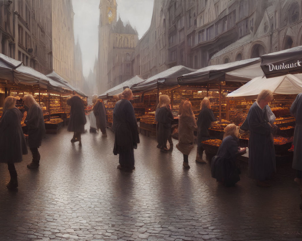 Historical market street with vendors and shoppers in warm, hazy light