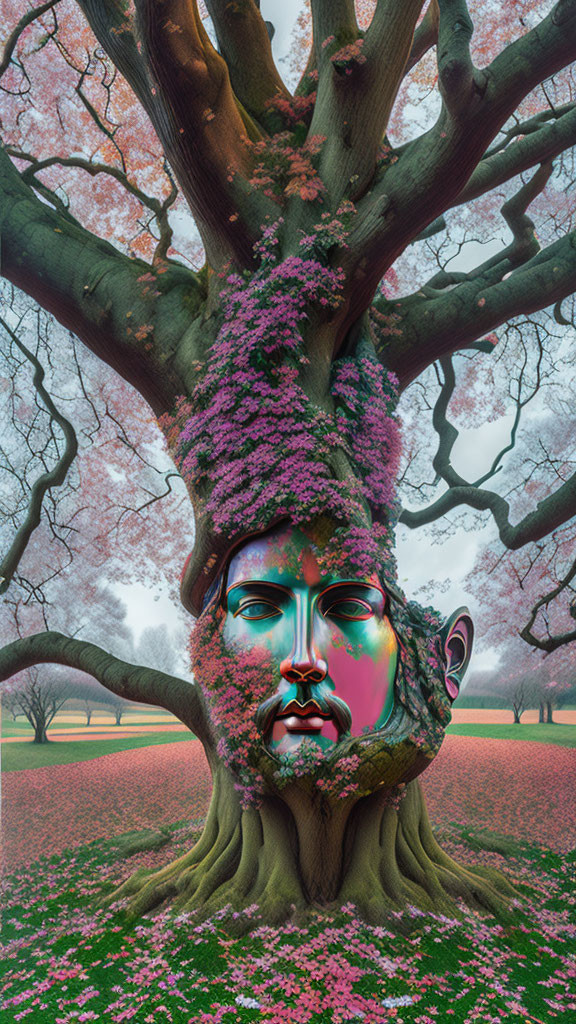 Whimsical tree with human face and pink cherry blossoms in serene park