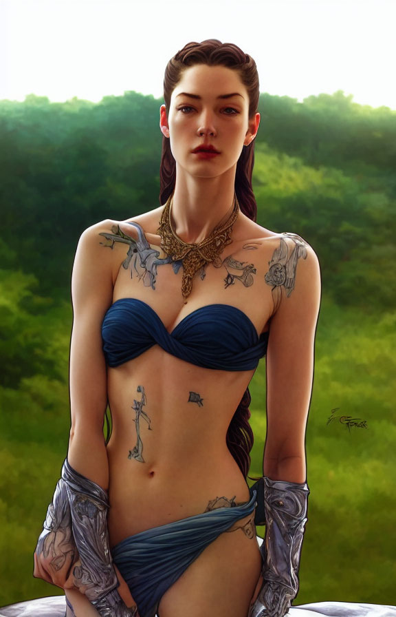 Tattooed woman in blue garment with golden necklace against green backdrop