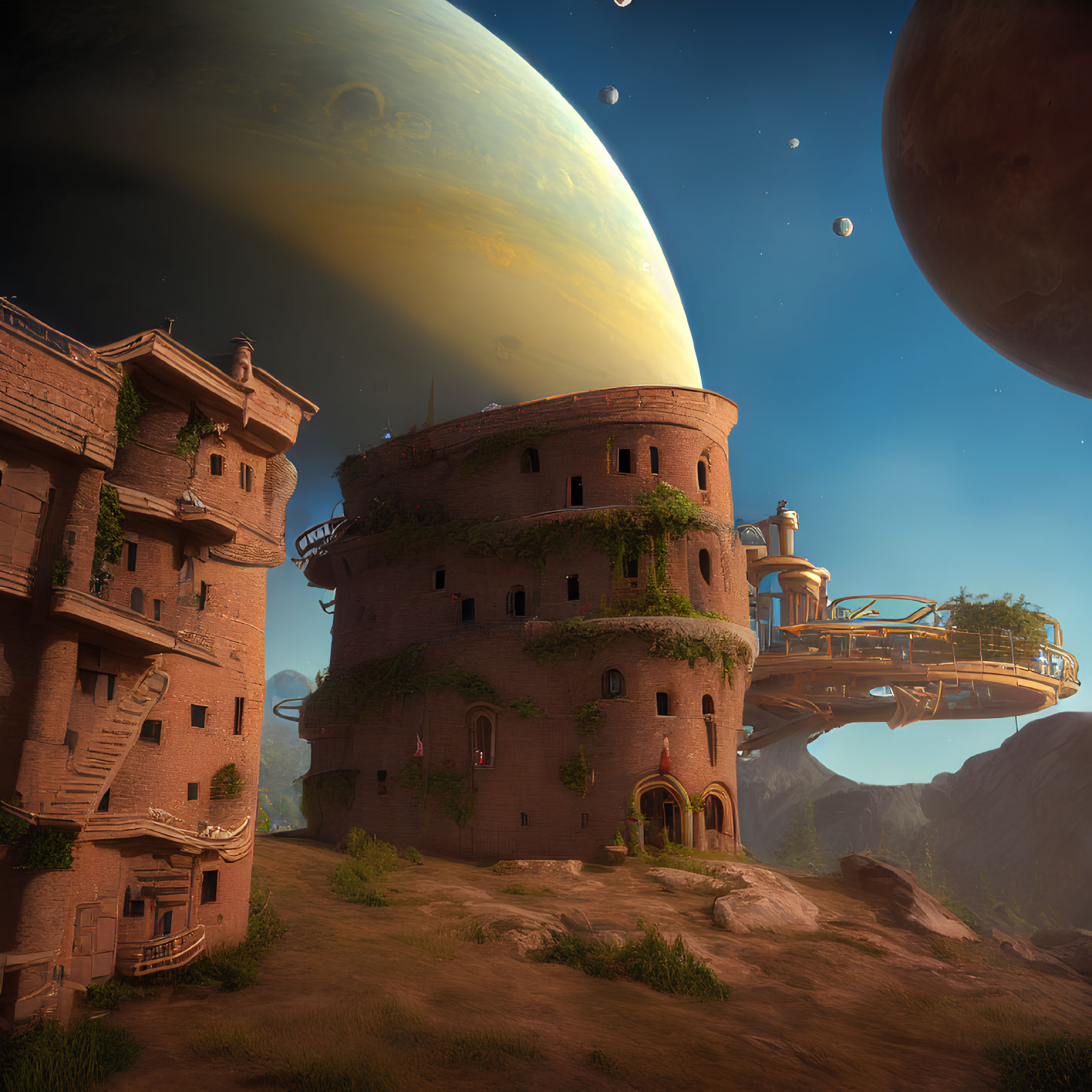 Large Planet Over Fantasy Landscape with Traditional Buildings and Futuristic Bridge