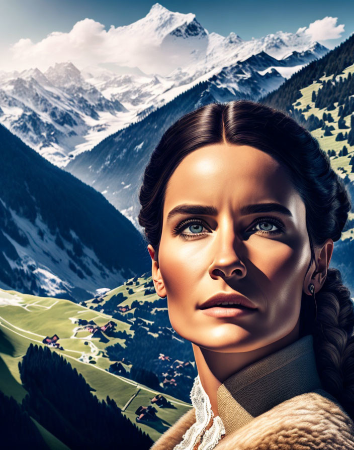 Woman with braided hair overlooking snow-capped mountain village