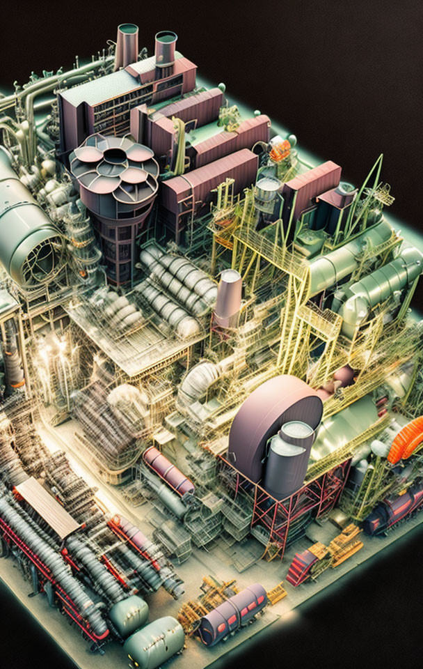 Detailed Industrial Facility Illustration with Pipes, Tanks, Structures, Bright Lights