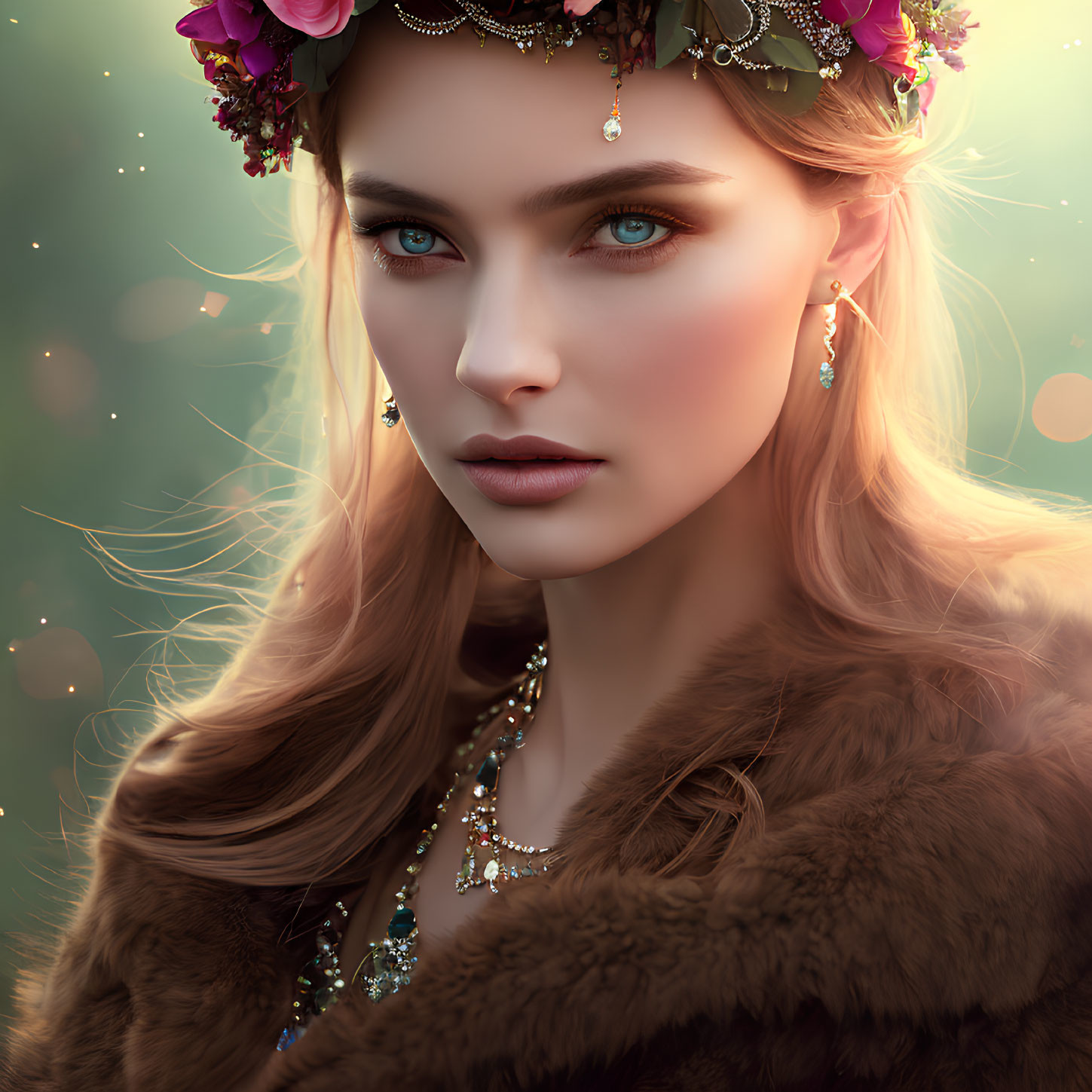 Woman with floral headpiece, glowing skin, blue eyes, fur shawl, elegant jewelry, dream