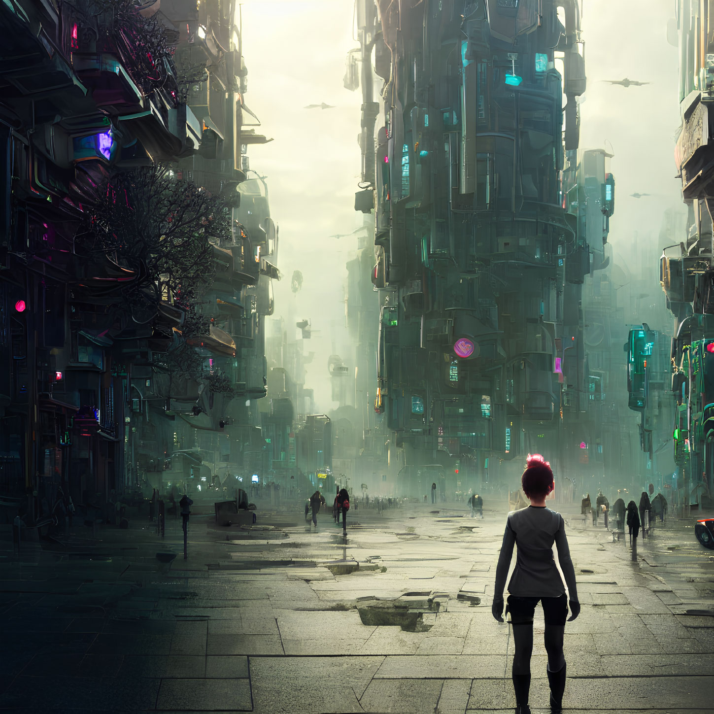 Pink-haired person in futuristic cityscape with neon signs