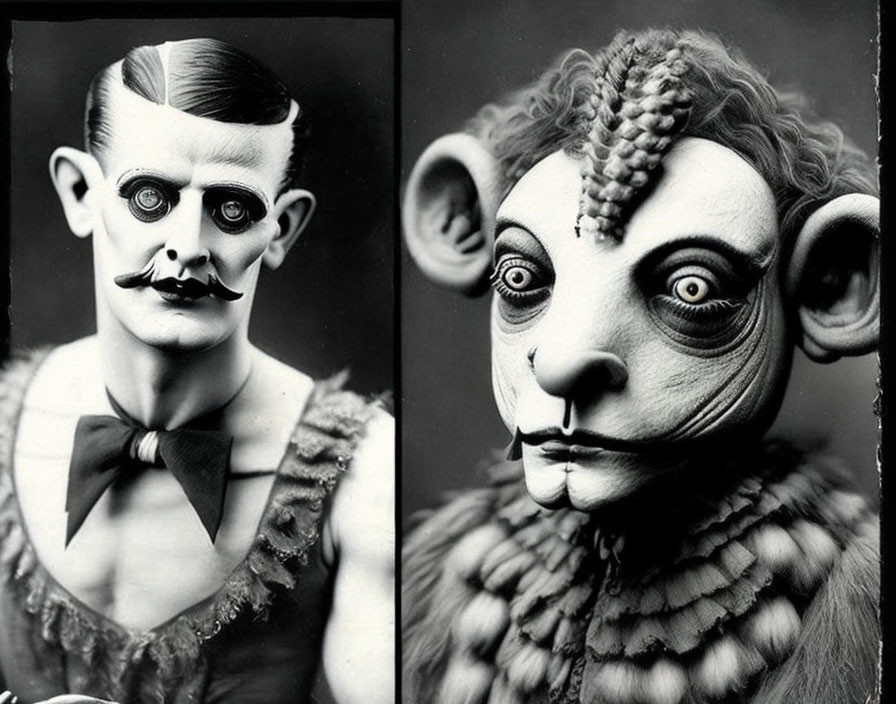 Vintage black and white photos: Man and fantastical creature with human-like features in striking contrast