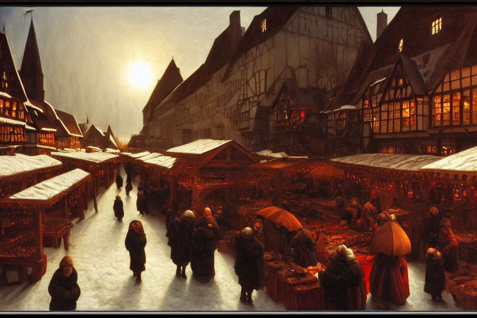 Snow-covered dusk market scene with stalls, people in winter attire, and traditional buildings.